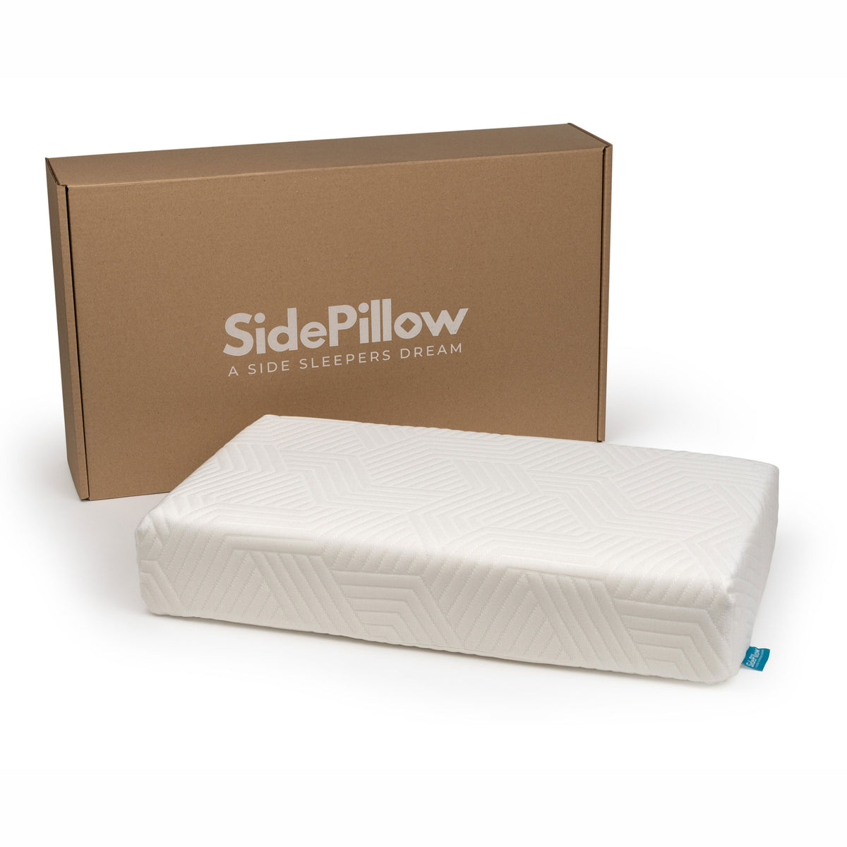 Rechthoekig SidePillow hoofdkussen met SidePillow verpakking op een witte achtergrond.